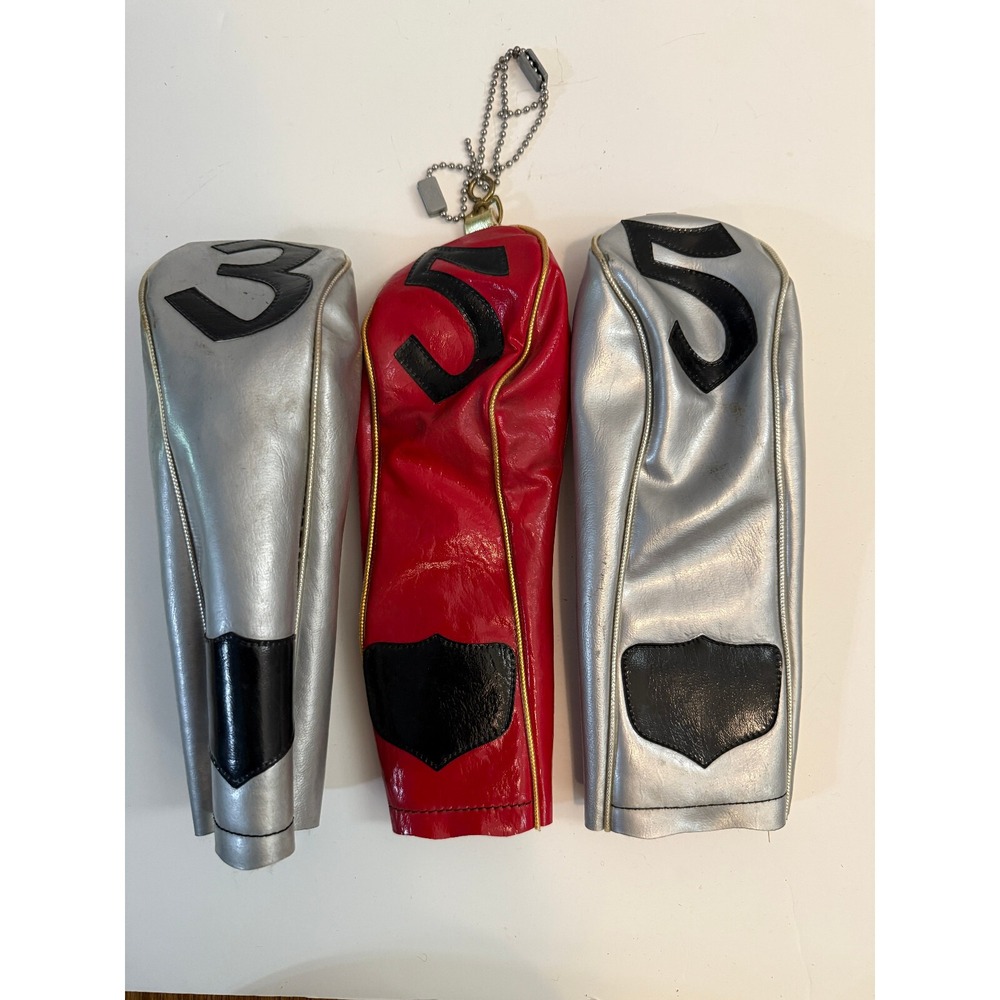 Vintage‎ Golf Club Covers faux Leather Trim group Of three 5 3 and 5 silver red